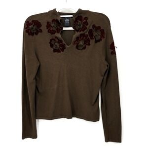 Cabo Sweater Velvet Floral Applique Womens Large Brown Y2K